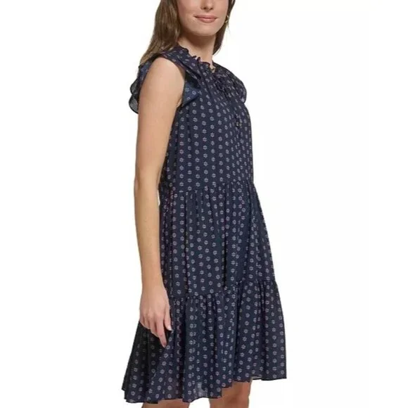 129$ Tommy Hilfiger Bella Floral Flutter-Sleeves Shift Dress Size 8 Navy Blue - Picture 3 of 4